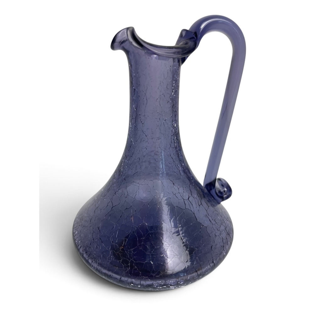 Vintage MCM Pilgrim Glass Amethyst Crackle Mini Pitcher Bud Vase Applied Handle